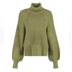 Staud Green Ribbed Balloon Sleeve Turtleneck Benny Sweater NWT Size Large